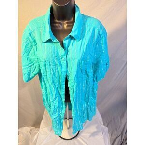 Sag Harbor Womens Plus Size 2X Teal Button Up‎ Shirt top Blouse Bling Sparkle